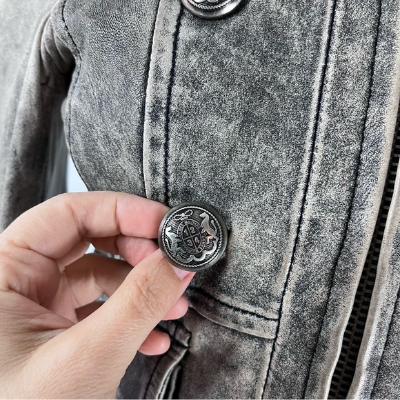 ASO Hannah Montana Miley Cyrus Gray Distressed Leather Military Jacket XS - Picture 6 of 14